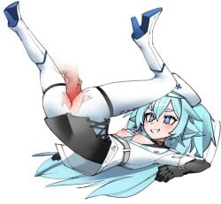 1boy black_gloves blue_eyes blue_hair boots breasts breasts_out disembodied_penis female florence_(girls'_frontline_2) full_body girls'_frontline girls'_frontline_2:_exilium gloves grin hair_between_eyes hat heart heart-shaped_pupils high_heel_boots high_heels legs_up long_hair lying nipples on_back pa-15_(girls'_frontline) pantyhose penis sex simple_background small_breasts smile solo_focus straight symbol-shaped_pupils tsunderemaids uncensored white_background white_boots white_hat white_pantyhose