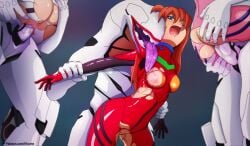3girls anus ass ayanami_rei blue_eyes bodysuit breasts grabbing_another's_arm highres hirume licking long_hair makinami_mari_illustrious mass_production_eva medium_breasts multiple_girls neon_genesis_evangelion nipples one_eye_closed orange_hair penis pink_bodysuit rape rebuild_of_evangelion red_bodysuit souryuu_asuka_langley tongue tongue_out torn_bodysuit torn_clothes uncensored upright_straddle white_bodysuit