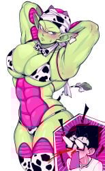 ! 2boys abs animal_print armpits arms_up bikini black_hair blood blush cow_boy cow_horns cow_print cow_tail dragon_ball gay glasses horns large_pectorals male_focus multiple_boys muscular muscular_male niusesabe nosebleed oerba_yun_fang pectorals pervert piccolo pointy_ears son_gohan sweatdrop swimsuit tail thick_thighs thighhighs thighs yaoi