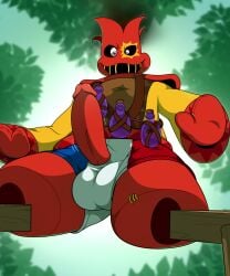 5:6 anthro aroused balls_outline belt bloodshot_eyes bottle bulge bulge_through_clothing clothed clothing colored_outline container detailed_background detailed_bulge erection france french_flag genital_outline genitals gloves handwear hi_res hoodlum_(rayman) leaf looking_at_viewer looking_down looking_down_at_viewer lum_(rayman) male mittens motion_lines open_mouth partially_clothed penis penis_out_of_underwear penis_poking_out penis_through_underwear potion potion_bottle rayman_(series) red_body red_clothing red_gloves red_handwear red_mittens red_penis sewn_mouth solo spread_legs spreading standing stilts stitch_(sewing) stumbleboom_(rayman) suit surprised surprised_expression surprised_face ubisoft underwear vein veiny_penis vorechestra wiggle_lines yellow_clothing yellow_suit