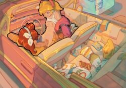 2girls artist_name blonde_hair blue_eyes blue_shoes blue_shorts bow bracelet breasts brown_gloves brown_hair burger car cowgirl_position cowgirl_position dash_food dolphin_shorts dress earrings english_commentary food food_wrapper futa_with_female futanari gloves golden_hour hairbow hands_on_another's_hips highres jacket jewelry knee_pads long_hair mario_(series) mario_kart mario_kart_world medium_breasts mole mole_above_mouth motor_vehicle multicolored_dress multicolored_jacket multicolored_shoes multiple_girls navel nintendo orange_dress orange_gloves orange_jacket orange_shorts outdoors parking_lot partially_undressed penis pink_bow pink_car pink_jacket pink_lips princess_daisy princess_daisy_(touring) princess_peach princess_peach_(touring) reverse_cowgirl_position sandals saracolonthree sex shoes short-sleeved_jacket short_shorts short_sleeves shorts shorts_around_one_leg signature straddling taco tan tank_top two-tone_jacket two-tone_shoes two-tone_shorts unworn_clothes vaginal_penetration vehicle_interior veins veiny_penis white_bow white_dress white_shoes white_tank_top yellow_dress yellow_jacket yellow_trim