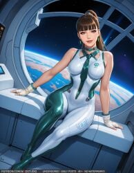 ai-created bangs bare_shoulders blunt_bangs bodysuit breasts brown_eyes brown_hair clothing collar earrings eve_(stellar_blade) female female female_only fingerless_gloves footwear gloves high_resolution jewelry large_breasts legwear lips long_hair looking_at_viewer medium_breasts necktie night parted_lips planet ponytail shiny shiny_clothes sitting skin_tight smile solo space star_(sky) stellar_blade thighs tied_hair white_bodysuit white_gloves window wodstudio