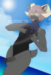 5_fingers anthro biped bovid caprine erection fingers fur genitals gesture glans gustav_(munkeesgomu) hair heart_gesture hi_res horn humanoid_genitalia humanoid_penis male mammal munkeesgomu penis solo tail tongue tongue_out