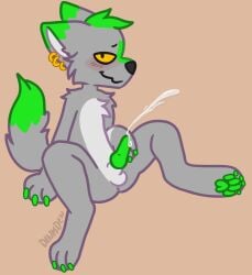 animal_genitalia animal_penis anthro archie_foster bodily_fluids canine_genitalia canine_penis claws cum dinkden dipstick_tail ear_piercing ear_ring ejaculation fur genital_fluids genitals green_body green_claws green_fur green_hair green_penis grey_body grey_fur hair hi_res hybrid male markings penis piercing ring_piercing solo spread_legs spreading tail tail_markings yellow_eyes