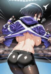ai_generated back_view big_breasts boxing_ring breasts_out crowd crowd_watching exposed_breasts eyes_wide_open female_fighter humiliated humiliating humiliation public_exposure public_humiliation reina_mishima ripped_clothing ripped_jacket ripping_clothing shocked shocked_expression short_hair_female sweating tearing_off_clothes tearing_topwear tekken tekken_8 viewer_pov