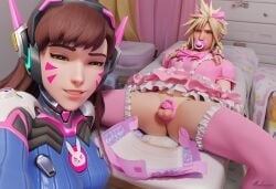 1boy 1girls 3d abdl adult_baby ai_generated brown_hair chastity_cage cloud_strife crossdressing d.va diaper dominant_female exposed exposed_penis female female_domination femdom feminization final_fantasy frills hairbow malesub overwatch pacifier selfie sissy submissive_male thighhighs yellow_hair