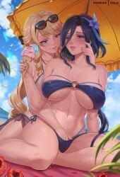 2girls armpits aroused bare_arms bare_shoulders beach bikini blonde_hair blue_bikini blue_eyes blue_flower blue_nails blue_sky blush breasts clorinde_(genshin_impact) collarbone drill_hair drill_sidelocks exlic eyewear_on_head fingering fingernails flower food genshin_impact hair_between_eyes hair_flower hair_ornament hand_in_another's_clothes hand_in_bikini hand_on_another's_cheek hand_on_another's_face highres holding holding_food holding_ice_cream holding_ice_cream_cone huge_breasts ice_cream ice_cream_cone long_hair looking_at_another motion_lines multicolored_hair multiple_girls multiple_scoops nail_polish navel navia_(genshin_impact) nose nose_blush o-ring o-ring_bikini open_mouth outdoors parted_lips purple_eyes purple_hair reach-around red_flower side-tie_bikini_bottom sidelocks sitting sky spread_legs stomach streaked_hair sunglasses swimsuit thighs trembling underboob very_long_hair white_bikini yokozuwari yuri
