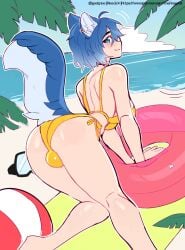 absurd_res all_fours animal_humanoid ass beach big_breasts biped blue_eyes blue_hair blush breasts clothing ear_piercing ear_ring futanari hair hi_res humanoid inflatable inner_ear_fluff inner_tube intersex looking_back outside piercing ring_piercing smile swimwear thericegoat thick_thighs tuft yellow_clothing yellow_swimwear