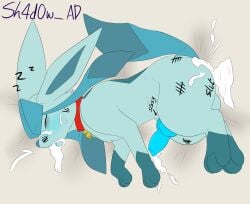 absurd_res after_sex animal_genitalia animal_penis artyom_(thebonemaker) balls blue_blush blue_body blue_fur blue_penis blush bodily_fluids canine_genitalia canine_penis closed_eyes collar cum cum_from_penis cum_in_ass cum_in_mouth cum_inside degrading_tattoo eeveelution excessive_cum excessive_genital_fluids feral fur generation_4_pokemon genital_fluids genitals glaceon glowing glowing_genitalia glowing_penis hi_res knot lying male nintendo on_side open_mouth penis pokemon pokemon_(species) sh4d0w_(artist) simple_background sleeping solo tail white_background