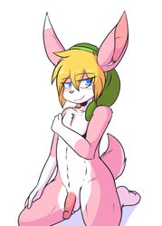 1boy a_link_to_the_past anthro balls blonde_hair blue_eyes clothing crackers erection fur hair half-closed_eyes hat humanoid kneeling lagomorph link link_(rabbit_form) looking_at_viewer male male_only mammal nintendo nude penis pink_fur pink_nose rabbit simple_background smile solo the_legend_of_zelda video_games white_background white_fur