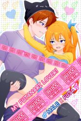 1boy 1boy1futa 1futa blue_bra blue_eyes blue_hair_ribbon blue_panties blush bra bra_lift brown_hair censored clothed clothed_sex clothing couple cover_art doujin_cover female female_symbol frein_(ry2_sinheart) futa_only futanari hand_on_neck hat holding_leg holding_legs implied_futa implied_penetration implied_penis implied_sex intersex legs_spread light-skinned_futa light-skinned_male light_skin male male/futa male_on_futa male_symbol mostly_nude natski_(ry2_sinheart) open_legs open_mouth orange_hair panties purple_clothing purple_eyes purple_shirt raised_leg ry2_sinheart sex sharp_teeth shirt shirt_lift side_ponytail smile stockings story_at_source unbuttoned_pants