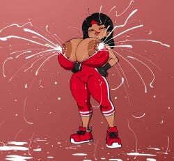 1female 1girls 2025 black_hair cameltoe color colored dark_skin dripping dripping_pussy female grool huge_breasts jamie_supreme jellot lactation pussy_juice pussy_juice_drip pussy_juice_drip_through_clothes red_eyes simple_background smile smug solo sports_uniform sportswear track_suit track_uniform tugging_clothing uncensored unzipping wink winking