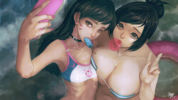 21yc 2girls alternate_costume animal_print asian asymmetrical_docking bandeau bangs bikini black_hair blizzard_entertainment blue_bikini breast_press breasts brown_eyes brown_hair bubble_blowing bubble_gum candy cellphone choker cleavage clothes_writing collarbone d.va dessert eyeliner facepaint facial_mark female female_only fingernails food food_in_mouth hair_bun hair_ornament hair_stick highres holding_phone human ice ice_cream innertube large_breasts long_fingernails long_hair looking_at_viewer makeup mei_(overwatch) multiple_girls nail_polish overwatch phone pink_bikini pink_lips pink_nails popsicle ribs self_shot selfie sharp_fingernails side-tie_bikini signature small_breasts smartphone standing swept_bangs swimsuit taking_picture underboob upper_body v viewed_from_above water whisker_markings