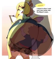 1:1 1boy 1girls 2020 absurd_res animal_crossing anthro ass big_butt bottomless bottomless_skirt bottomwear brown_hair bubble_butt butt_crush canid canine canis clothed clothing domestic_dog english_text facesitting female femdom flattened fur hair hi_res huge_butt huge_thighs human isabelle_(animal_crossing) larger_female looking_back low-angle_view male mammal nintendo pants short simple_background size_difference skirt smaller_male smothering stuck_to_ass text thick_thighs thighs trinity-fate62 upskirt video_games wide_hips yellow_body yellow_fur