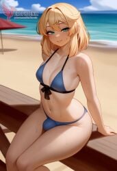 1boy 2d ai_generated ass bangs barefeet big_ass bikini blonde_hair bulge erection erection_under_clothes erophoenix feet full_body green_eyes looking_at_viewer looking_back male male_focus navel nude otoko_no_ko pale_skinned_male patreon_username penis sitting smile soles solo solo_male sweat swimsuit thick thick_thighs toes uncensored