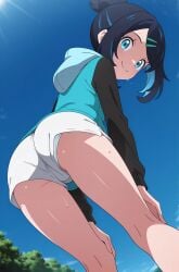 ai_generated athletic_female back_view bare_thighs big_ass big_butt black_hair blue_eyes cameltoe coat fat_ass hair_bun huge_thighs light-skinned_female light_skin liko_(pokemon) looking_back low-angle_view panties pokemon pokemon_(anime) pokemon_horizons short_shorts smiling solo_female squatting sweat sweatdrop thick_thighs thighs voluptuous voluptuous_female zenky-kun