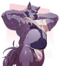 anthro balls canine catsudon clothing looking_at_viewer male male_only mammal musclegut nipples pubes solo standing sweat underwear