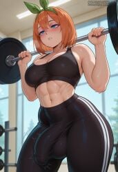 1futa 2025 abs ai_generated barbell bare_shoulders black_pants black_sports_bra blue_eyes blush breasts bulge cleavage cowboy_shot enjoyerartai erection_under_clothes exercise exhausted futanari go-toubun_no_hanayome green_ribbons gym hair_between_eyes hair_ribbon hi_res indoors large_breasts leggings midriff muscular muscular_female muscular_futa nakano_yotsuba navel orange_hair pants parted_lips self_upload short_hair solo sports_bra standing stripes sweat tight_clothing weightlifting