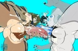 anthro antlers ball_tuft balls barazoku big_muscles big_pecs black_hair blue_penis bodily_fluids body_hair brown_body brown_fur cum cum_on_balls cum_on_chest cum_on_penis cumshot deer duo ejaculation facial_hair fangs felid foreskin frottage fur genital_fluids genital_piercing genitals glans goatee grey_body grey_fur hair happy_trail hi_res horn humanoid_genitalia humanoid_penis interspecies lion low-angle_view male male/male mammal muscular muscular_anthro muscular_male nude nude_male pantherine pecs penile penis penis_piercing penises_touching piercing prince_albert_piercing sex sinningfox teeth tuft worm's-eye_view