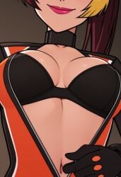 1girls ai_generated black_bra bra breasts breasts_focus civitai disney_xd female female_only foxy_(motorcity) lipstick motorcity multicolored_hair racing_suit solo