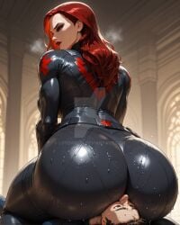 ai_generated black_widow_(marvel) facesitting femdom indoors latex marvel red_eyes red_hair