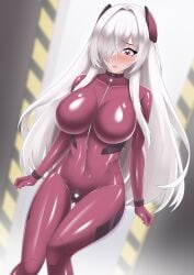 bodysuit chastity chastity_cage collar jesscatg large_breasts padlock pink_eyes plugsuit red_eyes sissy trans trans_woman transformation white_hair wide_hips