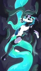 absurd_res anthro astralembers18 genitals glowing goo_creature goo_hair goo_transformation hi_res male penis pseudo_hair slime solo transformation
