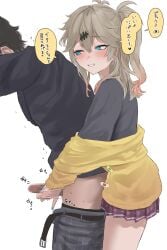 1boy absurdres assertive_female belt black_belt black_hair black_shirt blue_eyes blush brown_hair cardigan commentary_request cowboy_shot eru_aise female grey_pants grin handjob highres kasukabe_tsumugi long_hair long_sleeves looking_at_another miniskirt motion_lines one_side_up paid_reward_available pants penis penis_out pleated_skirt purple_skirt shirt simple_background skirt smile solo_focus straight translation_request trembling variant_set voicevox white_background yellow_cardigan