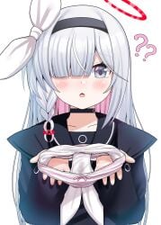 ? ?? absurdres black_choker black_coat black_hairband black_sailor_collar black_shirt blue_archive bow bow_panties choker coat colored_inner_hair commentary_request female grey_eyes hair_over_one_eye hairband halo highres holding holding_panties holding_underwear holding_unworn_clothes long_hair long_sleeves looking_at_viewer multicolored_hair open_mouth panties pink_hair pink_panties plana_(blue_archive) presenting_removed_panties pussy_juice_stain red_halo red_pupils sailor_collar sailor_shirt sakamatashachi shirt simple_background solo stained_panties striped_clothes striped_panties underwear upper_body variant_set very_long_hair white_background white_hair