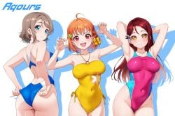 4ddd absurdres adjusting_clothes adjusting_swimsuit ahoge armpits arms_up ass blue_eyes blue_one-piece_swimsuit braid breasts brown_hair commission competition_swimsuit covered_navel curvy from_behind gao grey_hair group_name hair_ornament highleg highleg_leotard highres large_breasts leotard love_live! love_live!_sunshine!! multiple_girls navel one-piece_swimsuit orange_hair pink_one-piece_swimsuit pixiv_commission plump red_eyes red_hair ribbon sakurauchi_riko short_hair simple_background single_braid swimsuit takami_chika two-tone_swimsuit watanabe_you wavy_hair white_background yellow_eyes yellow_one-piece_swimsuit