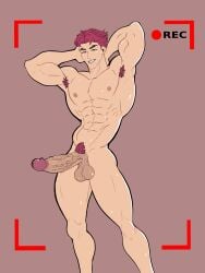 1boy abby_(kpop_demon_hunters) abs armpit_hair asian big_balls big_dick demon_boy demon_male flexing flexing_arms flexing_bicep gay kpop kpop_demon_hunters magenta_hair moon421_celes muscles netflix pecs pubic_hair smiling_at_viewer sony_pictures_animation video_camera wet_skin