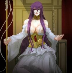 angeljasiel athena athena_(saint_seiya) beautiful big_breasts blue_eyes deity deviantart_url deviantart_username female goddess golden_collar kinky long_hair looking_at_viewer nipples nipples_visible_through_clothing purple_hair saint_seiya saint_seiya:_the_lost_canvas saori_kido see-through_top sexy sitting_on_throne smile solo solo_female staff throne white_dress