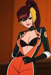 1girls ai_generated black_bra black_eyes blonde_hair bra breasts brown_hair civitai disney_xd female female_only foxy_(motorcity) looking_at_viewer motorcity multicolored_hair racing_suit solo