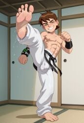 ai_generated barefoot ben_tennyson brown_hair bulge bulge_through_clothing dojo green_eyes indoors karate_gi kicking lean_figure legs_up male_feet male_focus male_only muscular_male shirtless shirtless_male smile smug_expression smug_grin softcore sole_male sweaty white_gi