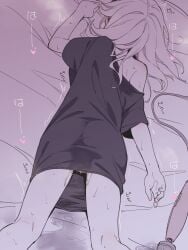 after_masturbation asutora asutora-chan black-framed_eyewear black_shirt commentary_request female from_behind glasses heavy_breathing highres hitachi_magic_wand lying medium_hair on_stomach original pussy_juice sex_toy shirt solo sweat t-shirt vibrator white_hair