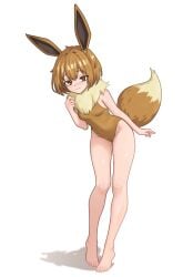 animal_ears barefoot breasts brown_eyes brown_hair brown_leotard closed_mouth commentary_request covered_navel eevee female full_body fur_scarf gen_1_pokemon hand_up highres knees leaning_forward leotard nihu nintendo personification pokemon short_hair solo standing tail toes white_background