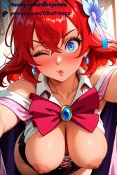 1girls ai ai_assisted ai_generated anime artist_name bare_shoulders blue_eyes blue_flower blush bow bowtie breasts breasts_out collarbone dibzprintz earrings fansly female flower gem hair_between_eyes hair_flower hair_ornament hanging_breasts hi_res high_quality high_resolution highres indoors jewelry large_breasts leaning_forward lips looking_at_viewer medium_hair nipples no_game_no_life one_eye_closed patreon_logo patreon_username puckered_lips red_hair shirt sleeveless sleeveless_shirt solo stephanie_dora sweat watermark web_address white_shirt