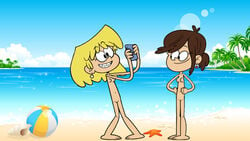 2girls accurate_art_style ball barefoot beach blonde_hair breast brown_hair dana dana_(the_loud_house) holding lori_loud multiple_girls nipples nude nude_beach ocean phone public pussy sand shoes smiling straight_hair the_loud_house