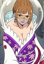 ai_generated bare_shoulders breasts brown_eyes brown_hair celestial_dragon cleavage goddess heart_shaped_earrings large_breasts lipstick noblewoman one_piece saint_shalria shades tenryuubito tinted_glasses veil