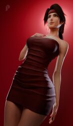 1girls 2025 3d bandana brown_hair cocktail_dress female female_only final_fantasy final_fantasy_vii final_fantasy_vii_remake hoop_earrings jessie_rasberry legs_together long_hair nail_polish no_nude no_nudity non-nude non_nude painted_nails peezo3d purple_nail_polish red_background short_dress simple_background solo standing tight_dress tube_dress wide_hips