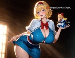 ai_generated alice_margatroid blonde_hair blue_eyes blush bow breasts button_gap capelet cleavage collarbone doll dress female frills hairband hat holding huge_breasts large_breasts leaning_forward long_hair looking_at_viewer meitabuu mole mole_on_breast multiple_girls open_mouth red_hairband shanghai_doll short_hair skindentation smile solo standing teeth thighs upper_teeth_only