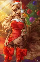 anthro breasts canine christmas christmas_tree clothing female holidays jesusy legwear mammal nipple_bulge pussy smile solo standing stockings tight_clothing tree wide_hips