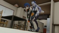 2girls 3d 3d_(artwork) belle_(zenless_zone_zero) bending_over blender blender3d blender_eevee blue_hair female grabbing grabbing_ass hoyoverse looking_at_ass looking_down phone purple_hair pussy_on_ass reaching red_eyes suprised_expression touching_ass vivian_(zenless_zone_zero) zenless_zone_zero