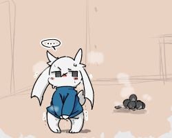 2025 adexthunder1110 anal_beads anal_juice_drip anal_juice_on_object anal_juice_on_sex_toy anthro black_anal_beads blue_clothing blue_sweater blue_topwear blush blush_lines bodily_fluids bottomless bottomless_anthro bottomless_female cave_story clothed clothing covering covering_crotch digital_drawing_(artwork) digital_media_(artwork) ellipsis facial_scar featureless_hands female female_anthro floppy_ears fur half-closed_eyes lagomorph long_ears looking_aside lop_ears low_res mammal mimiga narrowed_eyes red_blush scar sex_toy shadow shaking short_tail solo speech_bubble standing sue_sakamoto sweat sweater sweater_only tail topwear topwear_only trembling white_body white_ears white_fur white_tail x_scar