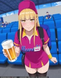 ai-created alcohol backpack bag ballpark_de_tsukamaete! bangs beer black_legwear black_thighhighs blonde_hair blunt_bangs blush breasts closed_mouth clothing cup day dress drink ear_piercing employee_uniform english_language english_text female female hat headwear high_resolution id_card large_breasts legwear long_hair looking_at_viewer male mug name_tag outdoors people piercing pink_dress ruriko_(ballpark_de_tsukamaete!) shirt short_sleeves skirt smile standing text thighhighs thighs uniform wodstudio yellow_eyes