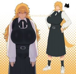 1girls big_breasts blonde_female blonde_hair chainsaw_man denji_(chainsaw_man) dog_ears dog_girl hirofumi_yoshida huge_breasts huge_chest k4onozeda04 long_hair meta:genderswap meta:genderswap_(mtf)