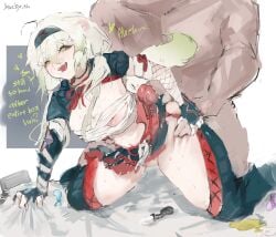1boy ahoge animal_ears areola_slip armor artist_name bandaged_arm bandaged_chest bandages breasts clothed_female_nude_male condom english_text female ferret_ears ferret_girl ferret_tail fishnet_gloves fishnets gloves gradient_hair gradient_tail green_eyes green_hair green_tail guided_thigh_grab hair_between_eyes hairband heart highres laimu_(vtuber) laimu_(vtuber)_(huntress) monster_hunter_(character) monster_hunter_(series) multicolored_hair multicolored_tail nargacuga_(armor) nipple_slip nipples nude scale_armor sex sex_from_behind signature snuzby sweat tail thigh_grab thighhighs torogao twintails two-tone_hair two-tone_tail used_condom vinesauce virtual_youtuber white_hair white_tail