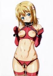 1girls areola areolae arms_up bangs bar_censor belly belly_button blonde_hair blue_eyes blush bondage breastless_clothing breasts breasts_out censored chains clenched_hand clenched_hands collar crotchless_panties cuffs elbow_gloves erect_nipples erection femsub fishnets gloves hair hands hands_up kamimura_chika latex latex_clothing latex_gloves latex_legwear latex_stockings latex_suit latex_thighhighs long_gloves looking_at_viewer medium_breasts nipples pubic_hair pussy red_elbow_gloves red_gloves red_latex shiny shiny_hair shiny_skin short_hair sisters_~natsu_no_saigo_no_hi~ sweat sweatdrop sweating sweaty taki_minashika thick_thighs thighhighs thighs white_background wrist_cuffs wristband