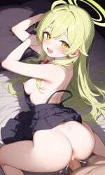 1boy :d :d_smile ahoge ai_generated andymoe blue_archive breasts breasts_out clothes cum cum_in_pussy dick female green_hair green_hair_female hikari_(blue_archive) male naked non-web_source nude penis penis_in_pussy pixai pussy sex teenage teenage_girl teenager vaginal_penetration vulva yellow_eyes