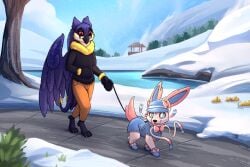 4_toes andromorph_(lore) angel_(bird) anthro beak bird_wyvern black_beak black_feet blep blue_body blue_eyes blue_feathers blue_fur bondage bottomwear capcom clothed clothing duo eeveelution feathers feet female feral fur generation_6_pokemon hat headgear headwear hi_res jacket leash male male/female malfestio monster monster_hunter nintendo outside pants paws petplay pink_body pink_fur pokemon pokemon_(species) red_eyes relationship ribbons_(anatomy) roleplay snow sylveon tail toes tongue tongue_out topwear walking white_body white_fur wings yellow_body yellow_feathers yurusa